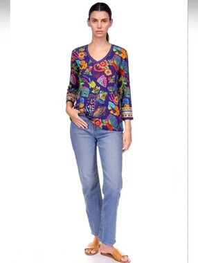 Johnny Was Janie Favorite 3/4-Sleeve V-Neck T-Shirt Colorful Print Plus Size XXL